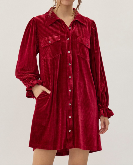 RED VELVET CORDUROY BUTTON UP LONG SLEEVE DRESS