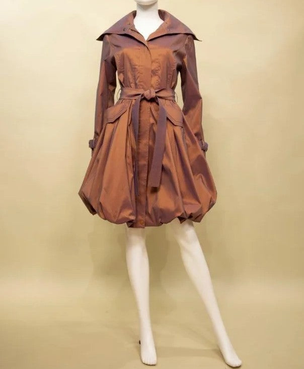 CINNAMON WATER RESISTANT CLASSIC BUBBLE HEM TRENCH COAT DRESS