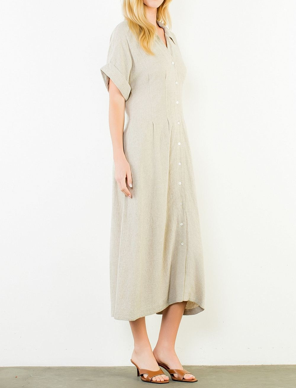 BEIGE LINEN DARTED WAIST SHORT SLEEVE BUTTON UP MIDI DRESS