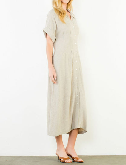 BEIGE LINEN DARTED WAIST SHORT SLEEVE BUTTON UP MIDI DRESS