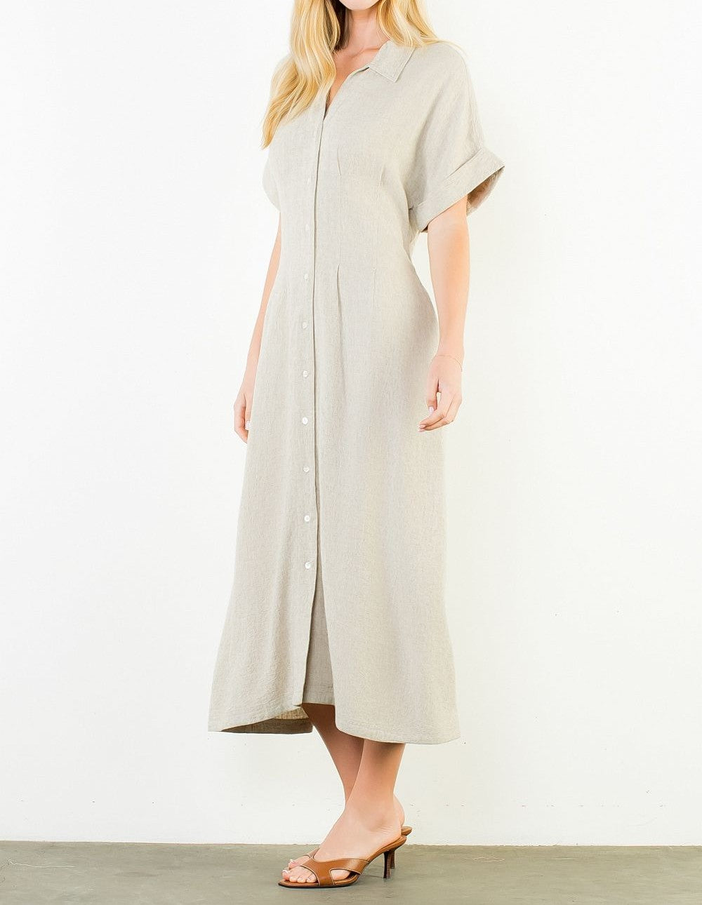 BEIGE LINEN DARTED WAIST SHORT SLEEVE BUTTON UP MIDI DRESS