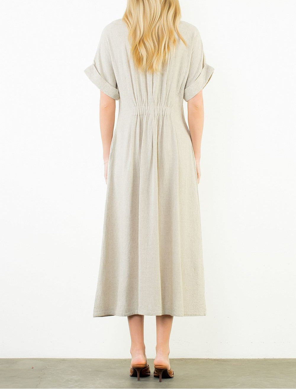 BEIGE LINEN DARTED WAIST SHORT SLEEVE BUTTON UP MIDI DRESS