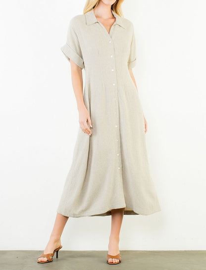 BEIGE LINEN DARTED WAIST SHORT SLEEVE BUTTON UP MIDI DRESS
