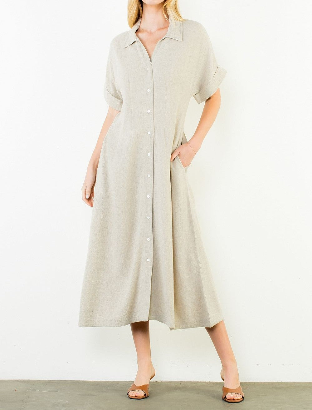 BEIGE LINEN DARTED WAIST SHORT SLEEVE BUTTON UP MIDI DRESS