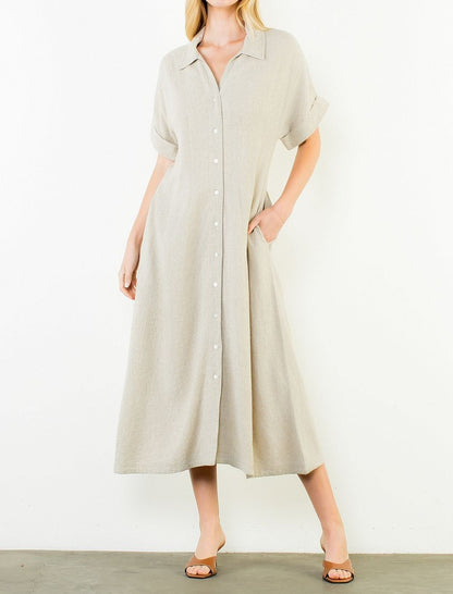 BEIGE LINEN DARTED WAIST SHORT SLEEVE BUTTON UP MIDI DRESS