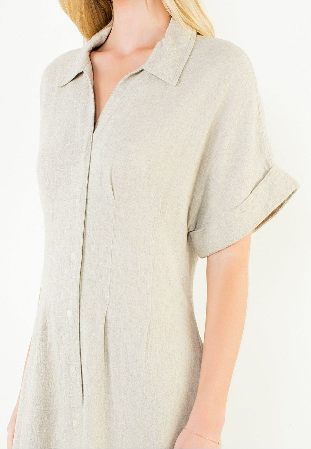 BEIGE LINEN DARTED WAIST SHORT SLEEVE BUTTON UP MIDI DRESS