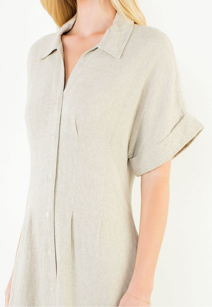 BEIGE LINEN DARTED WAIST SHORT SLEEVE BUTTON UP MIDI DRESS