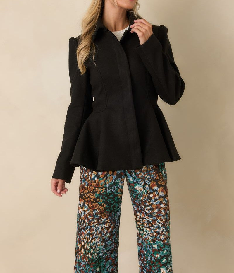 BLACK BUTTON UP PEPLUM LONG SLEEVE FIELDING RIDING JACKET