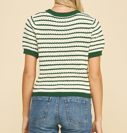 GREEN/IVORY STRIPE TEXTURED SHORT SLEEVE SWEATER