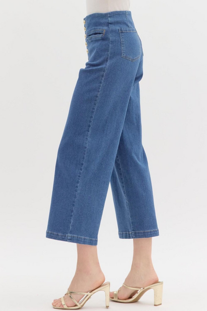 DENIM BLUE MID RISE CULOTTE PANT WITH EXPOSED BUTTONS