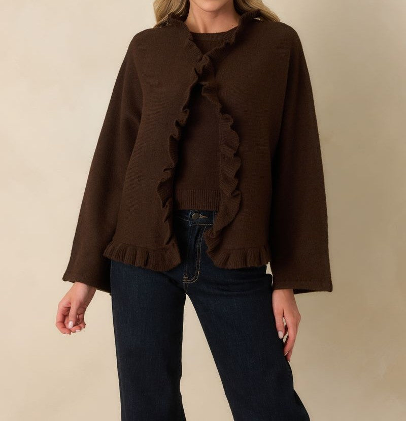 DARK CHOCOLATE BROWN RUFFLE TRIM LONG SLEEVE SABRINA CARDIGAN