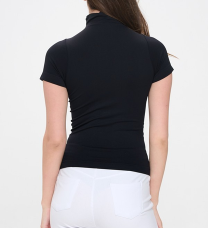 BLACK MOCK NECK SEAMLESS SHORT SLEEVE TOP