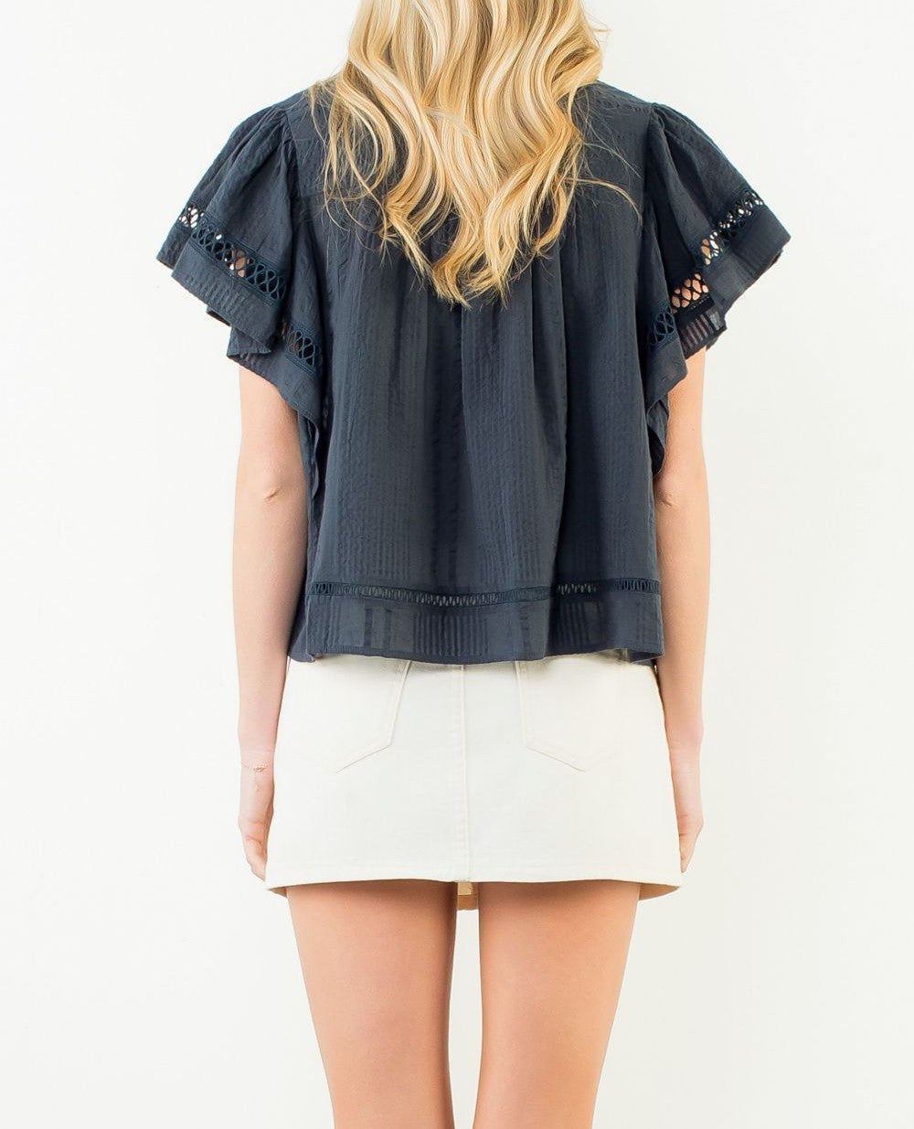 NAVY LACE DETAIL SHORT RUFFLE SLEEVE TOP