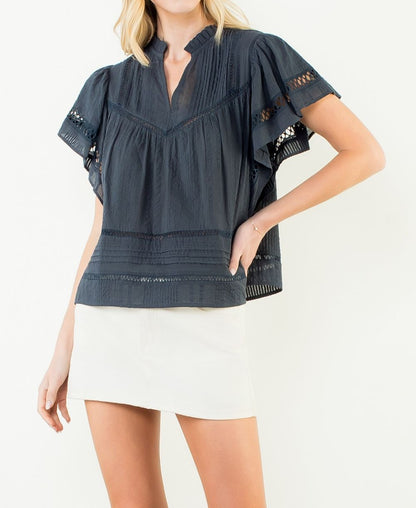 NAVY LACE DETAIL SHORT RUFFLE SLEEVE TOP