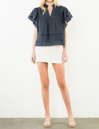 NAVY LACE DETAIL SHORT RUFFLE SLEEVE TOP