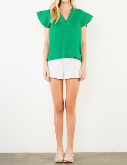 GREEN CONTRAST STITCH SHORT RUFFLE SLEEVE VNECK TOP
