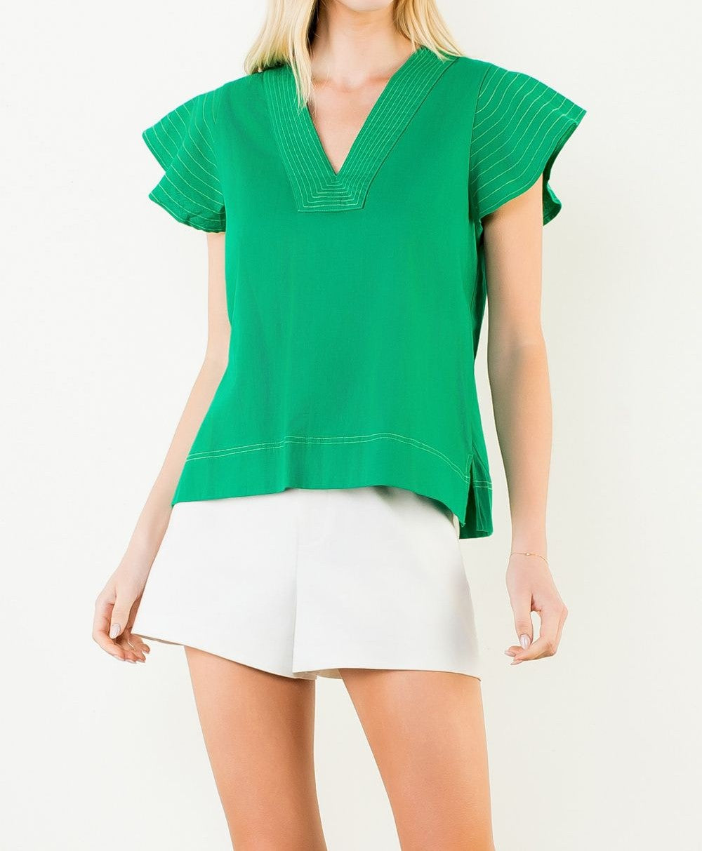 GREEN CONTRAST STITCH SHORT RUFFLE SLEEVE VNECK TOP