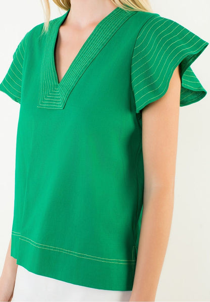 GREEN CONTRAST STITCH SHORT RUFFLE SLEEVE VNECK TOP