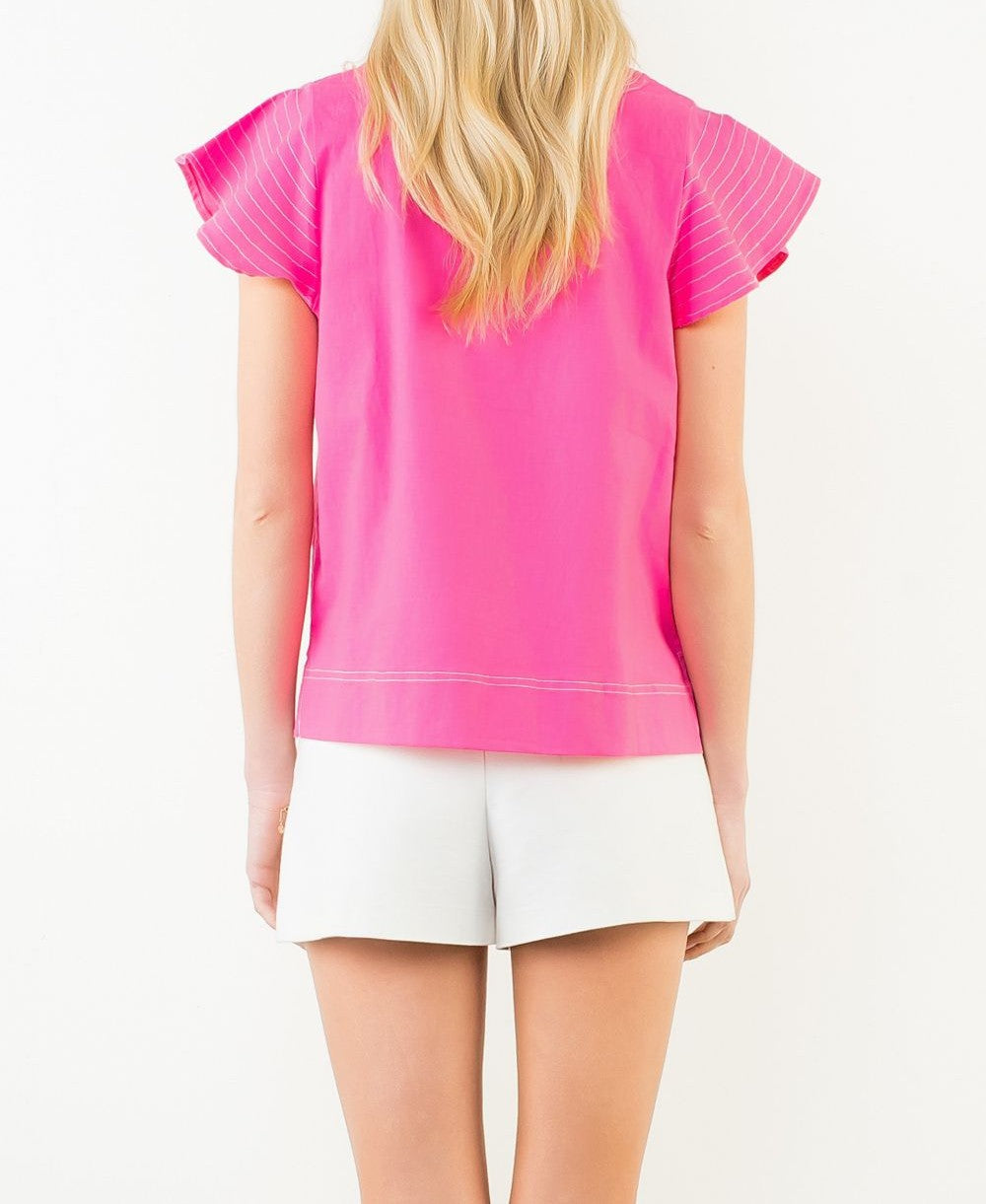 PINK CONTRAST STITCH SHORT RUFFLE SLEEVE VNECK TOP