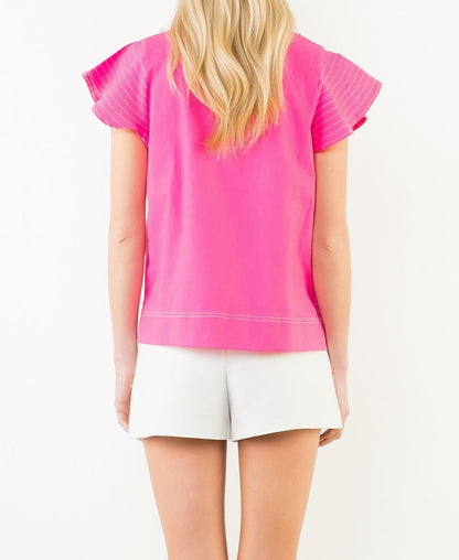 PINK CONTRAST STITCH SHORT RUFFLE SLEEVE VNECK TOP