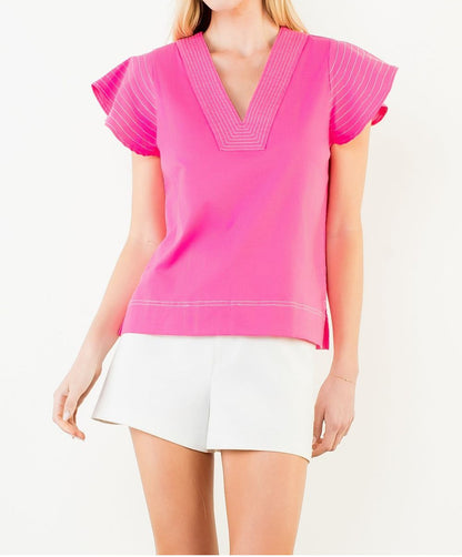 PINK CONTRAST STITCH SHORT RUFFLE SLEEVE VNECK TOP
