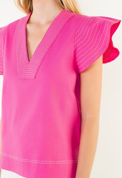 PINK CONTRAST STITCH SHORT RUFFLE SLEEVE VNECK TOP
