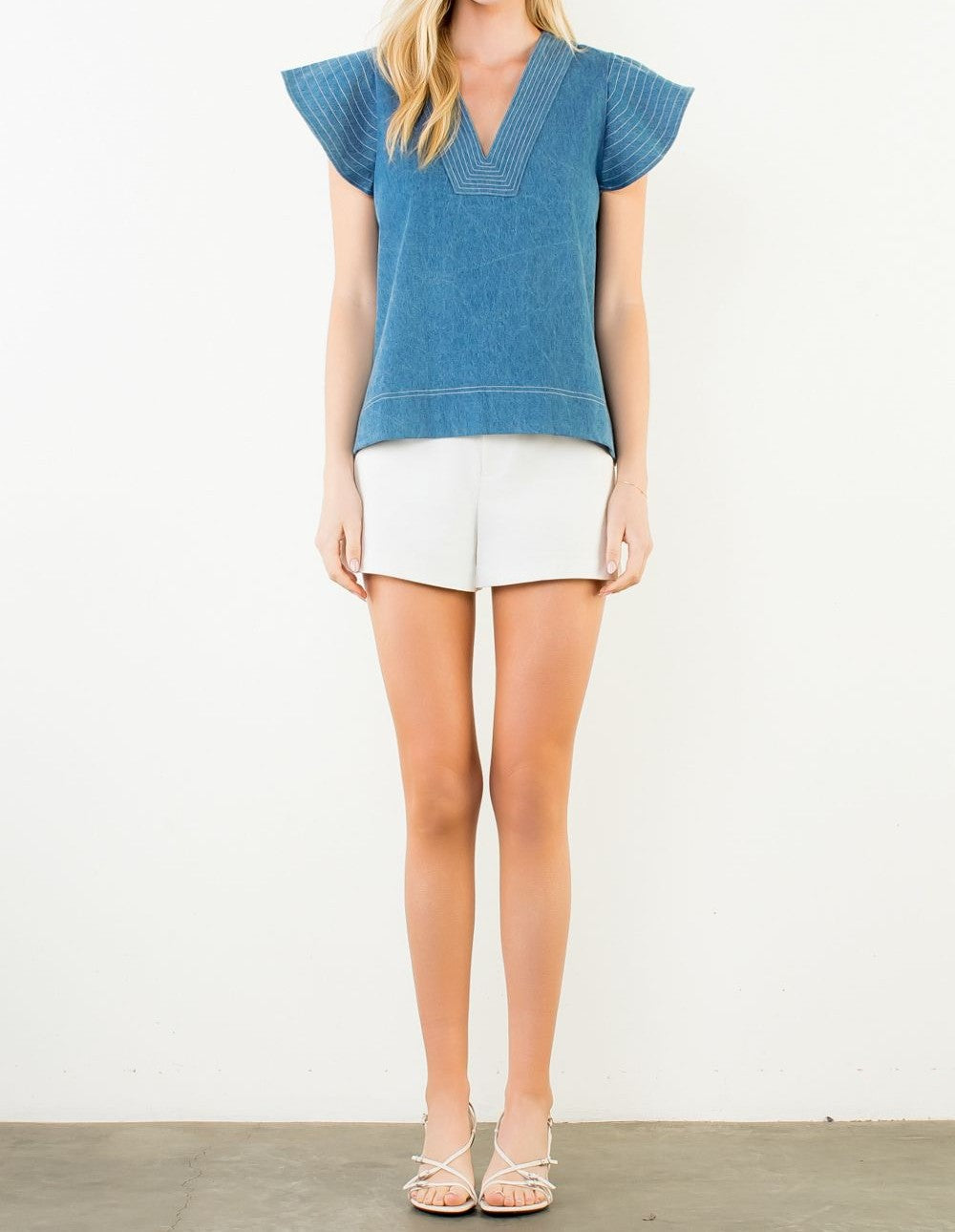 DENIM BLUE CONTRAST STITCH SHORT RUFFLE SLEEVE VNECK TOP