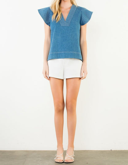 DENIM BLUE CONTRAST STITCH SHORT RUFFLE SLEEVE VNECK TOP