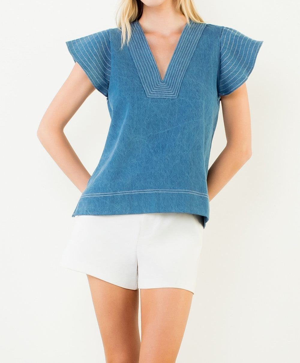 DENIM BLUE CONTRAST STITCH SHORT RUFFLE SLEEVE VNECK TOP