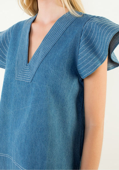 DENIM BLUE CONTRAST STITCH SHORT RUFFLE SLEEVE VNECK TOP