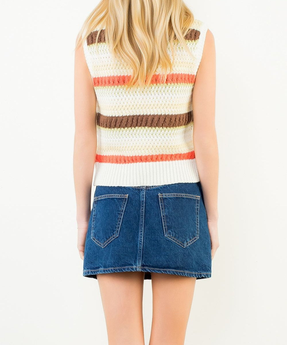 CREAM MULTI STRIPE SLEEVELESS KNIT SWEATER TOP
