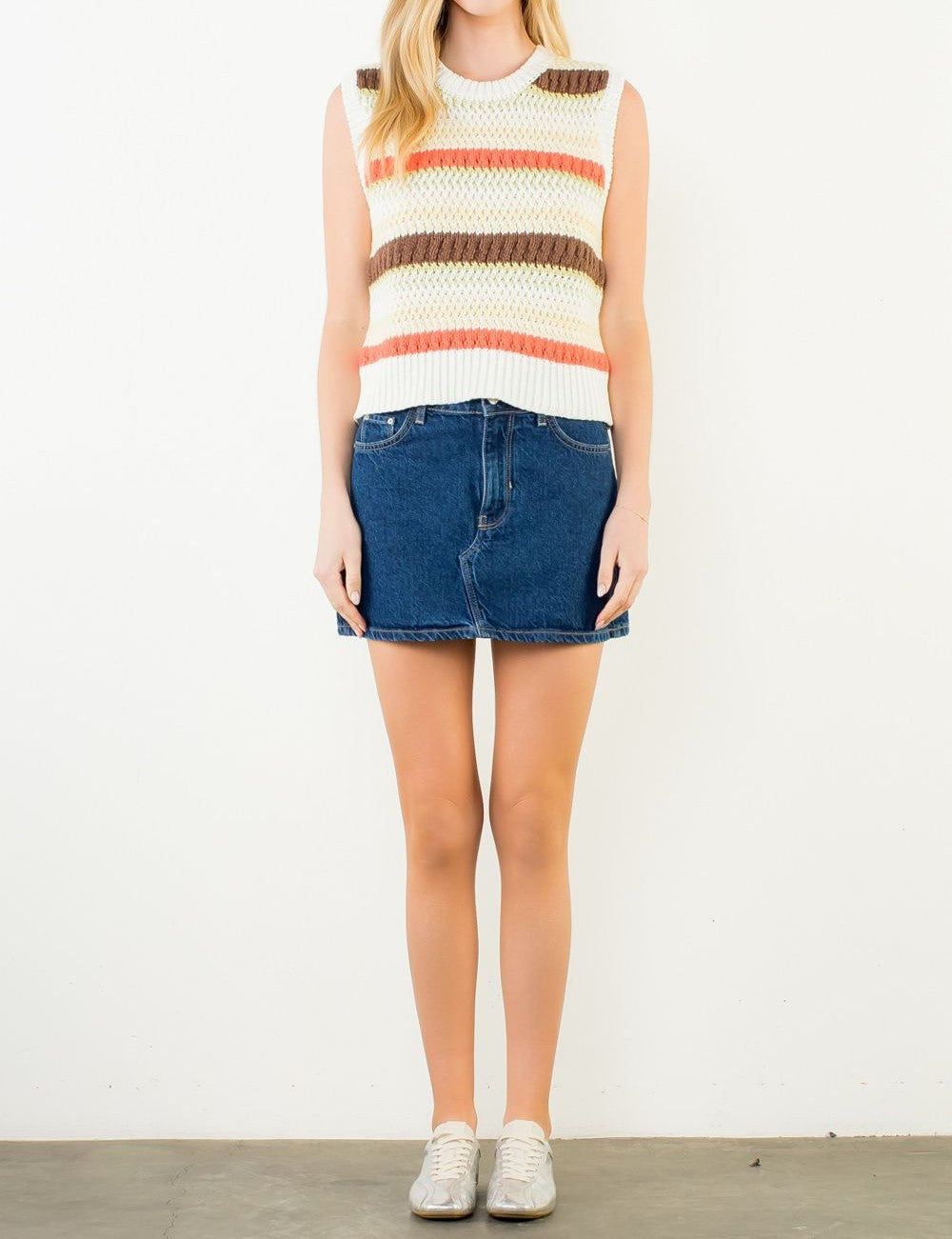 CREAM MULTI STRIPE SLEEVELESS KNIT SWEATER TOP