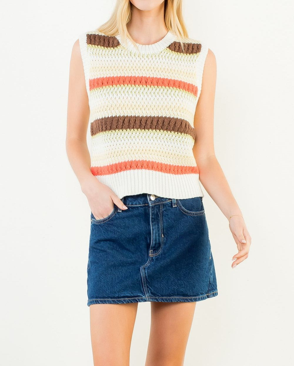CREAM MULTI STRIPE SLEEVELESS KNIT SWEATER TOP