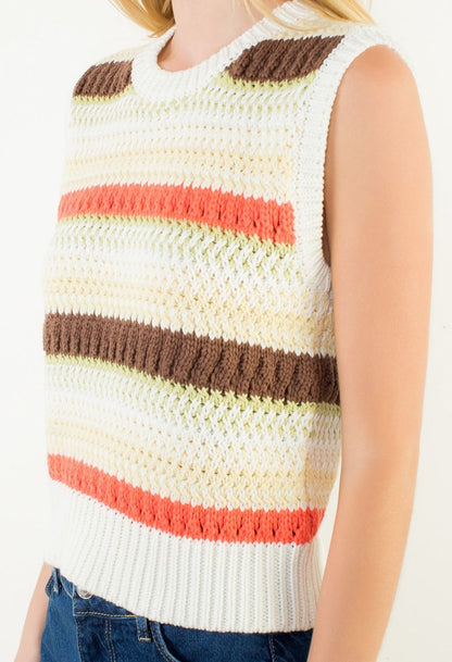 CREAM MULTI STRIPE SLEEVELESS KNIT SWEATER TOP