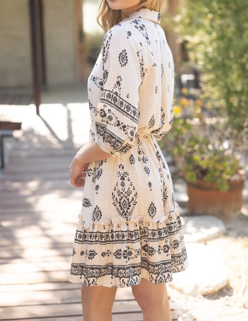 TAUPE BOARDER PRINT WAIST DRAWSTRING SHIRT DRESS