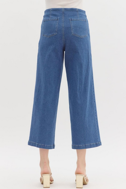 DENIM BLUE MID RISE CULOTTE PANT WITH EXPOSED BUTTONS