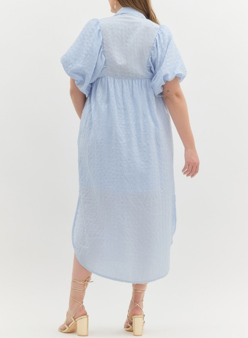 BABY BLUE TEXTURED PUFF SLEEVE MIDI DRESS