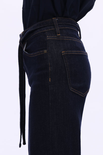 DARK DENIM HIGH RISE WIDE LEG WAIST TIE JEAN