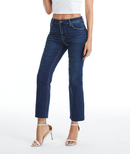 DARK BLUE MID RISE STRAIGHT LEG RAW HEM JEAN
