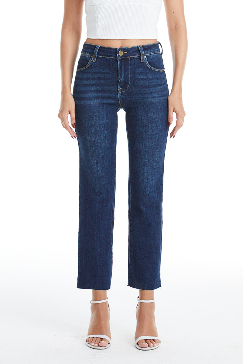 DARK BLUE MID RISE STRAIGHT LEG RAW HEM JEAN