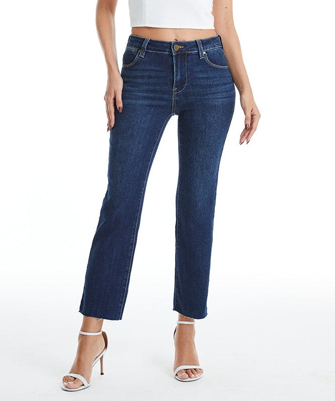 DARK BLUE MID RISE STRAIGHT LEG RAW HEM JEAN