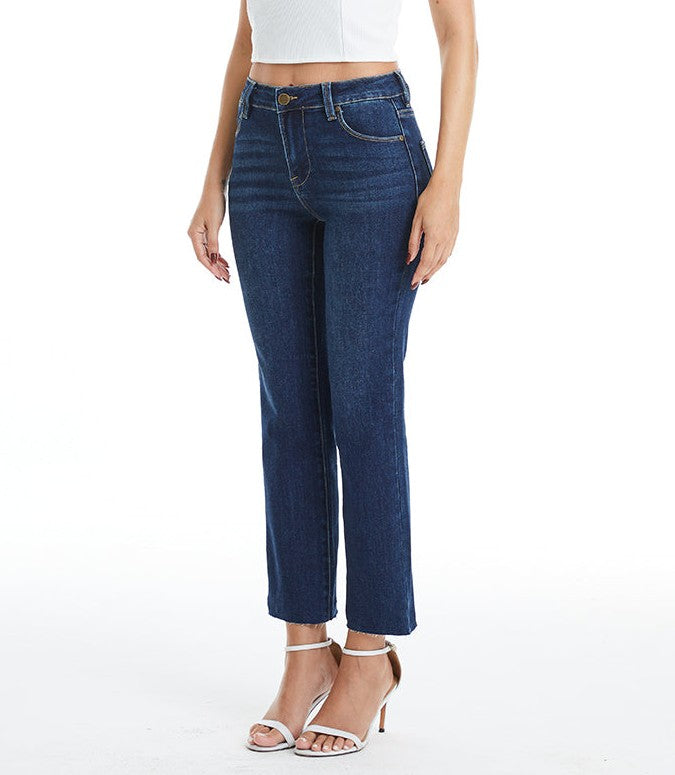 DARK BLUE MID RISE STRAIGHT LEG RAW HEM JEAN