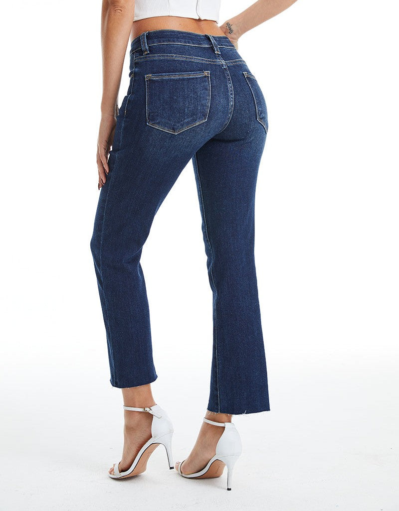 DARK BLUE MID RISE STRAIGHT LEG RAW HEM JEAN
