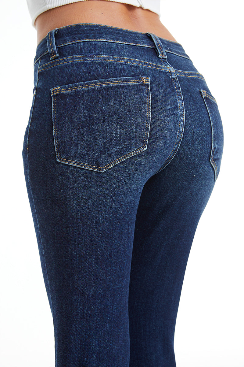 DARK BLUE MID RISE STRAIGHT LEG RAW HEM JEAN