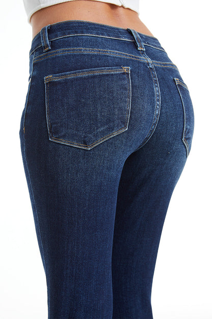 DARK BLUE MID RISE STRAIGHT LEG RAW HEM JEAN