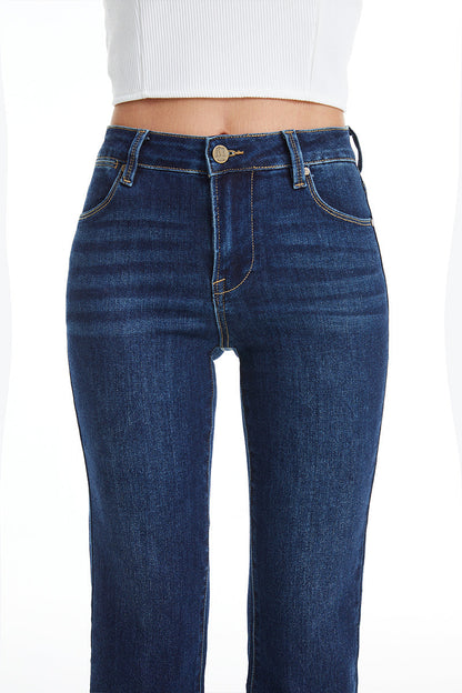 DARK BLUE MID RISE STRAIGHT LEG RAW HEM JEAN