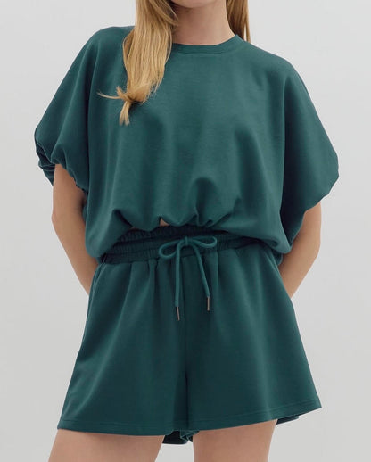 TEAL BUBBLE HEM PULLOVER SHORT SET