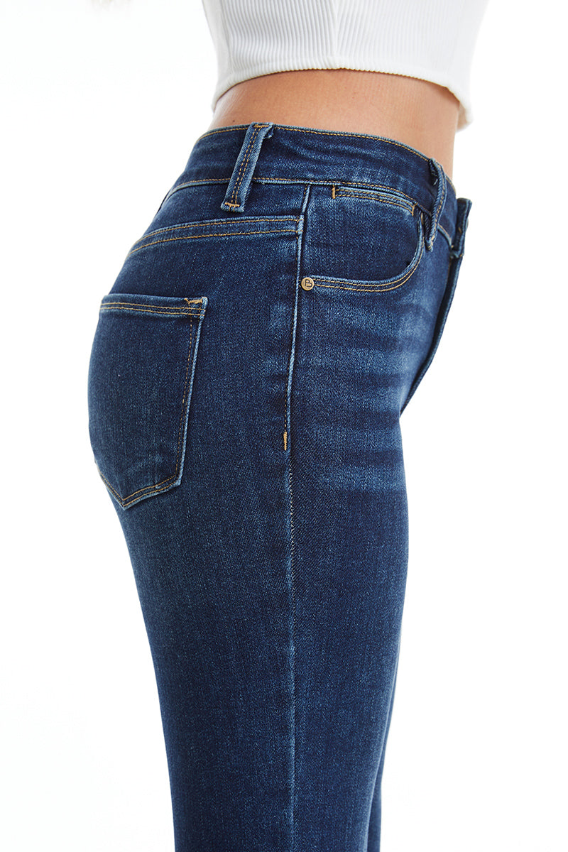 DARK BLUE MID RISE STRAIGHT LEG RAW HEM JEAN