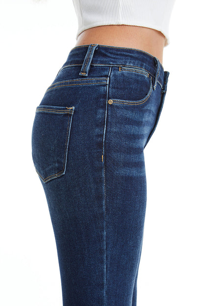 DARK BLUE MID RISE STRAIGHT LEG RAW HEM JEAN