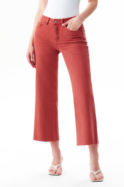 SUGAR CORAL MID RISE STRAIGHT FLARE LEG RAW HEM JEAN